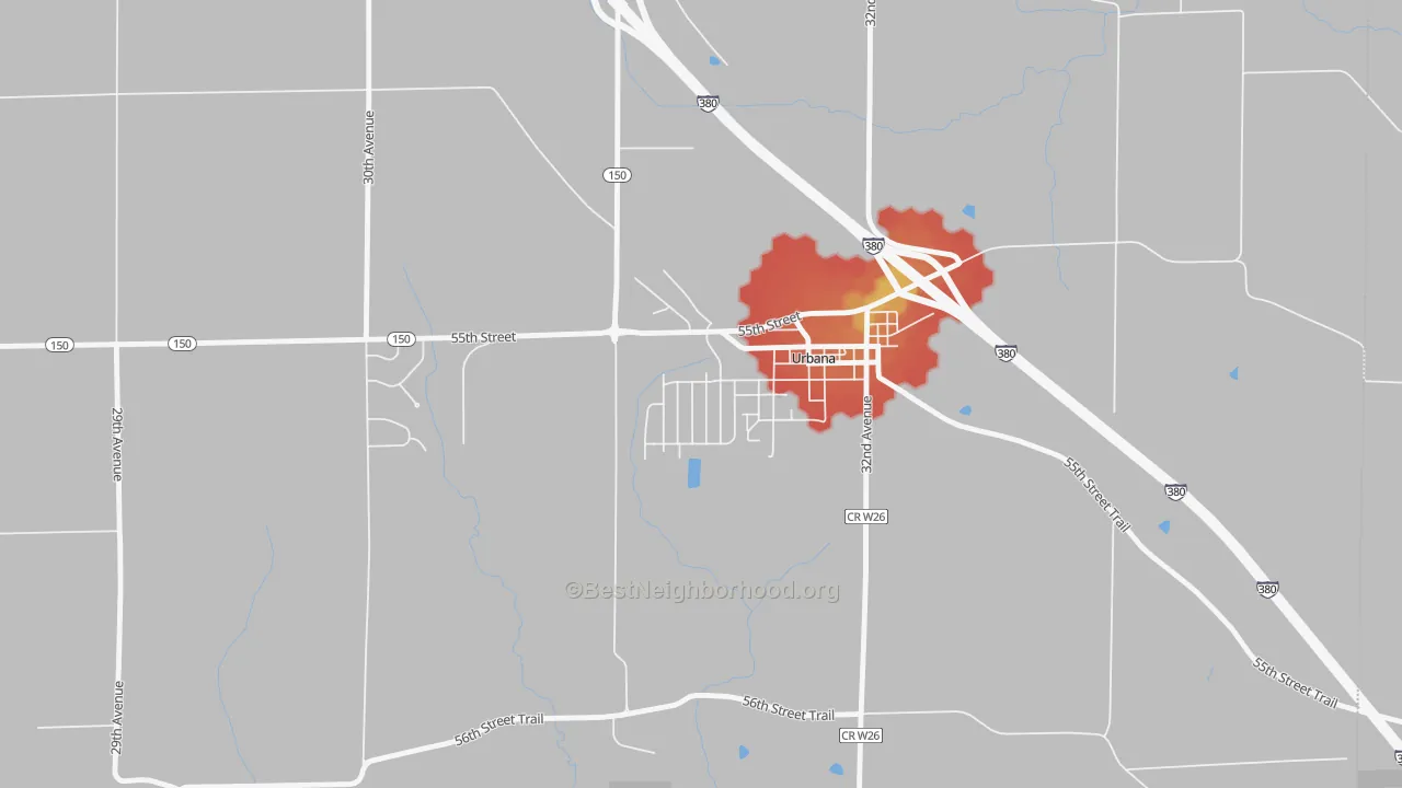 Walk Grade map of 52345, IA, walkable areas in green and car-dependent areas in red
