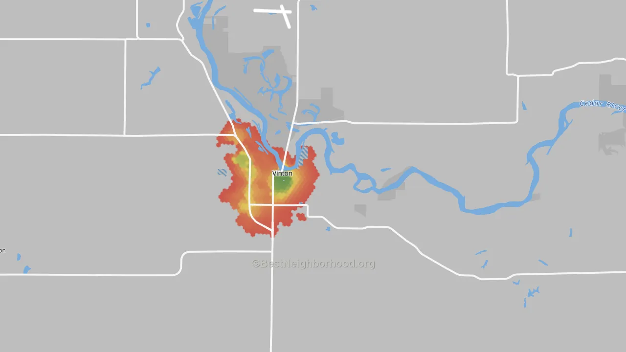 Walk Grade map of 52349, IA, walkable areas in green and car-dependent areas in red
