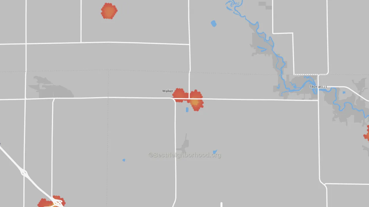 Walk Grade map of 52352, IA, walkable areas in green and car-dependent areas in red