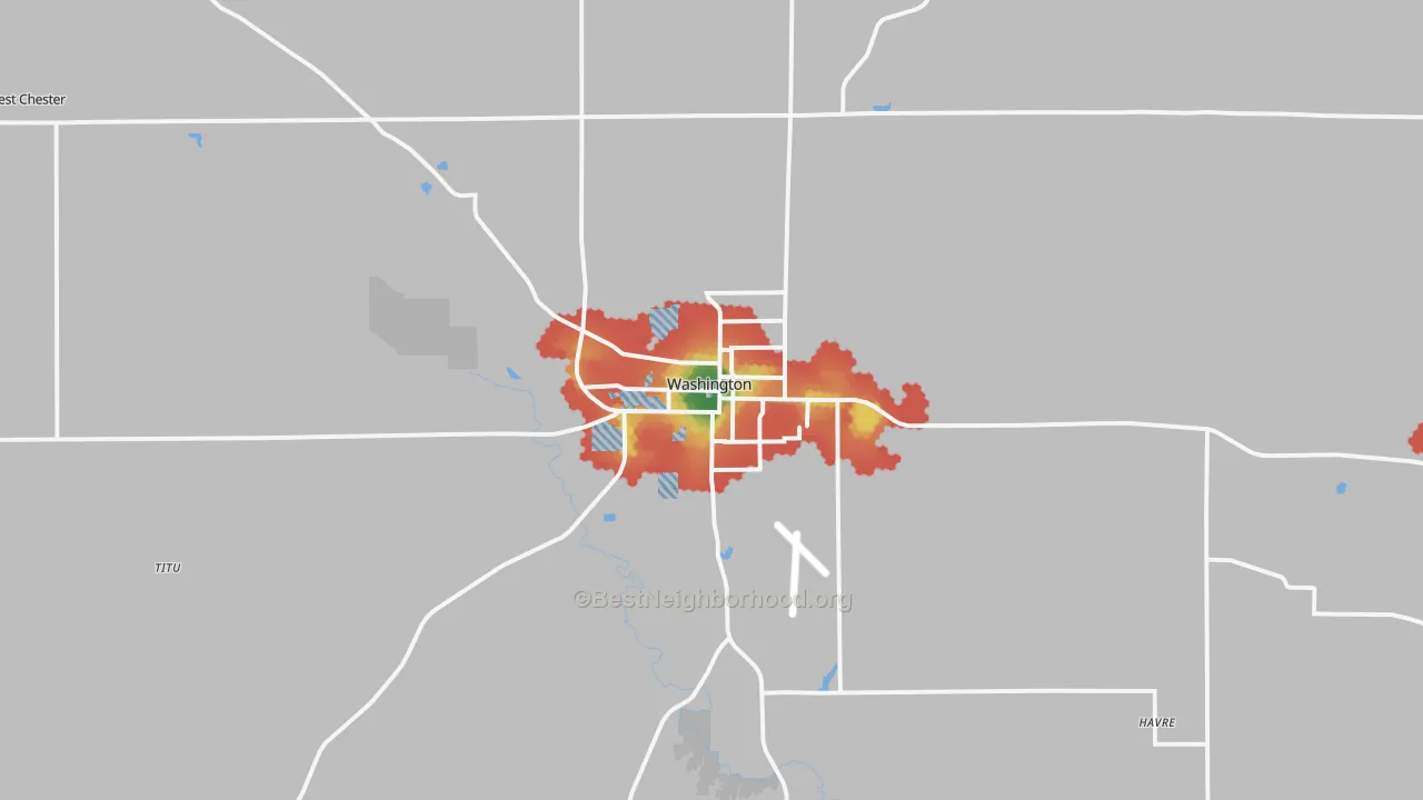 Walk Grade map of 52353, IA, walkable areas in green and car-dependent areas in red