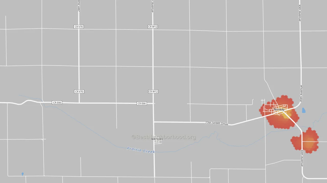 Walk Grade map of 52354, IA, walkable areas in green and car-dependent areas in red