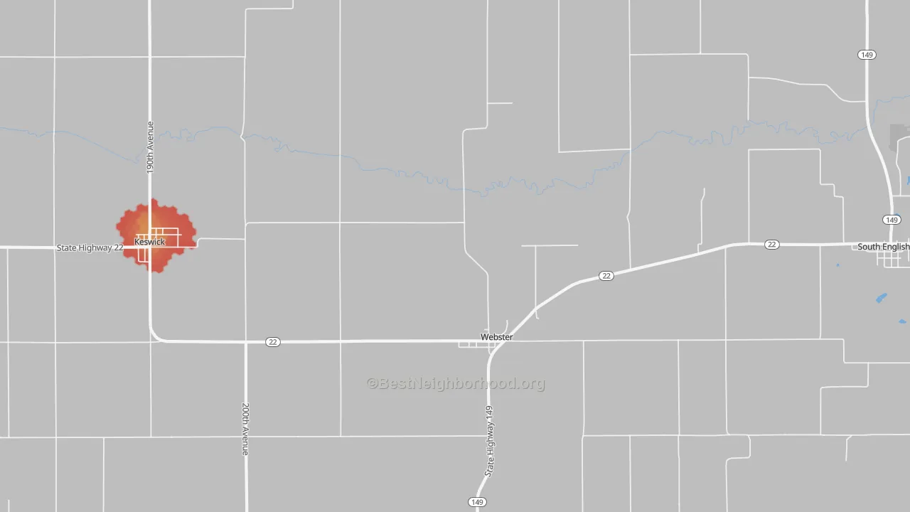 Walk Grade map of 52355, IA, walkable areas in green and car-dependent areas in red