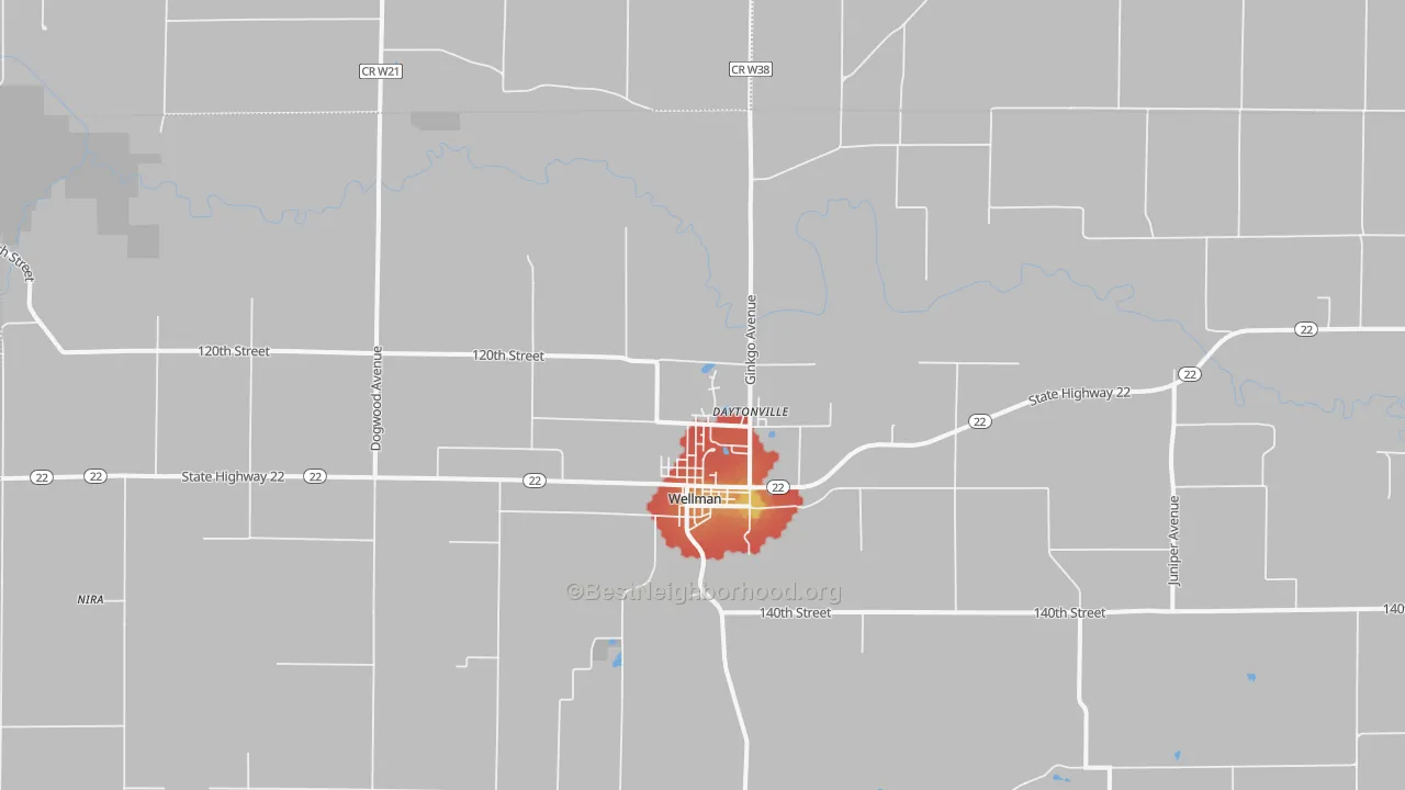 Walk Grade map of 52356, IA, walkable areas in green and car-dependent areas in red