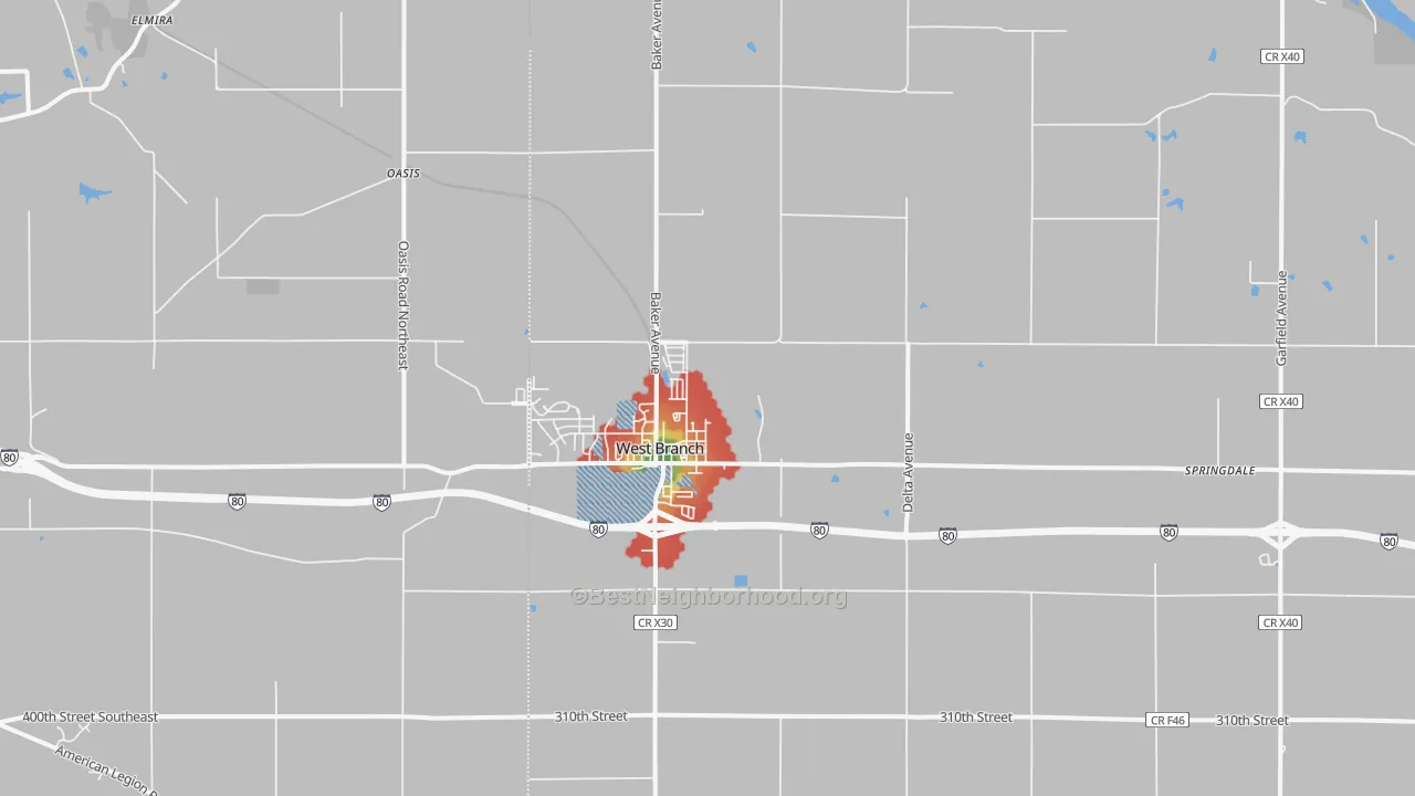 Walk Grade map of 52358, IA, walkable areas in green and car-dependent areas in red