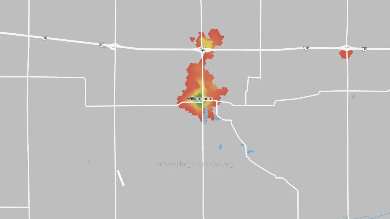 Walk Grade map of 52361, IA, walkable areas in green and car-dependent areas in red