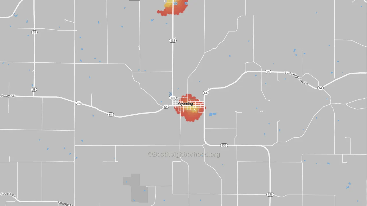 Walk Grade map of 52362, IA, walkable areas in green and car-dependent areas in red