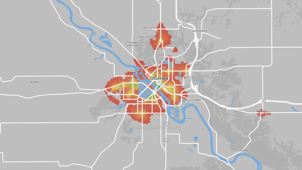 Walk Grade map of 52501, IA, walkable areas in green and car-dependent areas in red