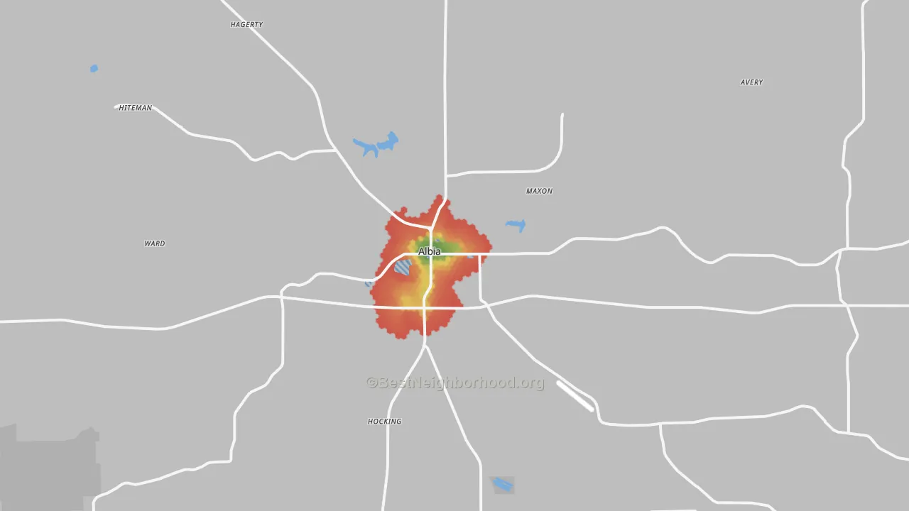 Walk Grade map of 52531, IA, walkable areas in green and car-dependent areas in red