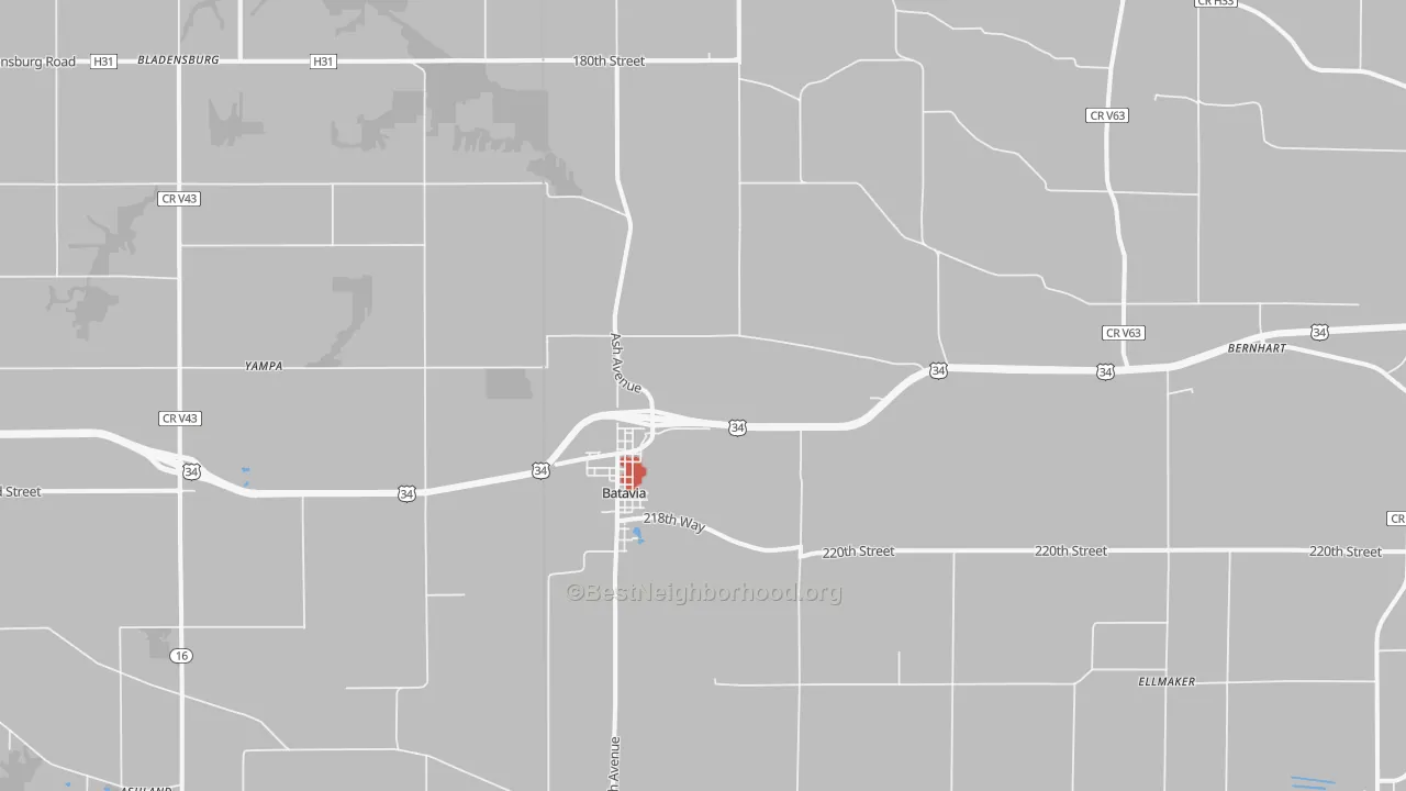 Walk Grade map of 52533, IA, walkable areas in green and car-dependent areas in red