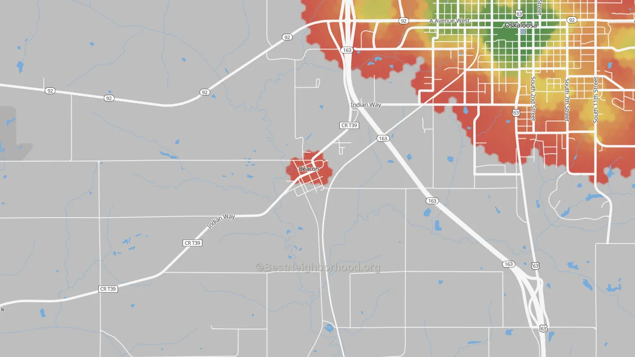 Walk Grade map of 52534, IA, walkable areas in green and car-dependent areas in red