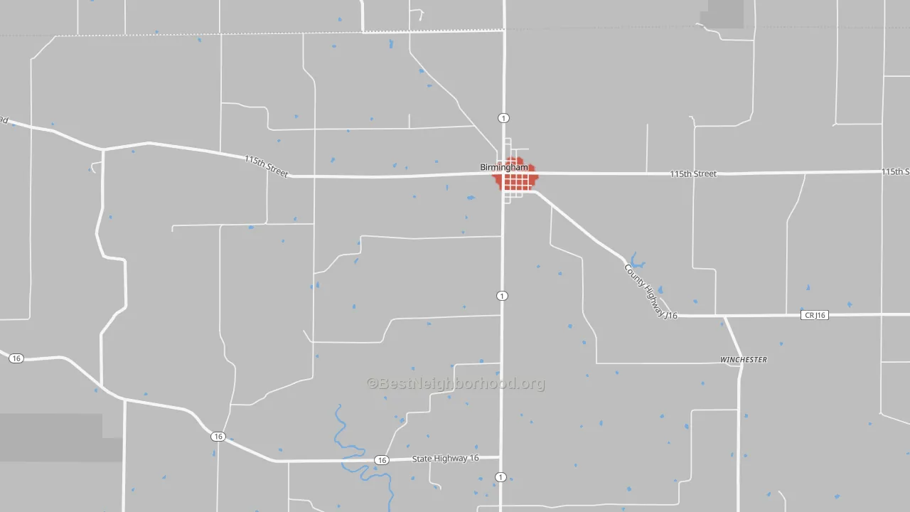 Walk Grade map of 52535, IA, walkable areas in green and car-dependent areas in red