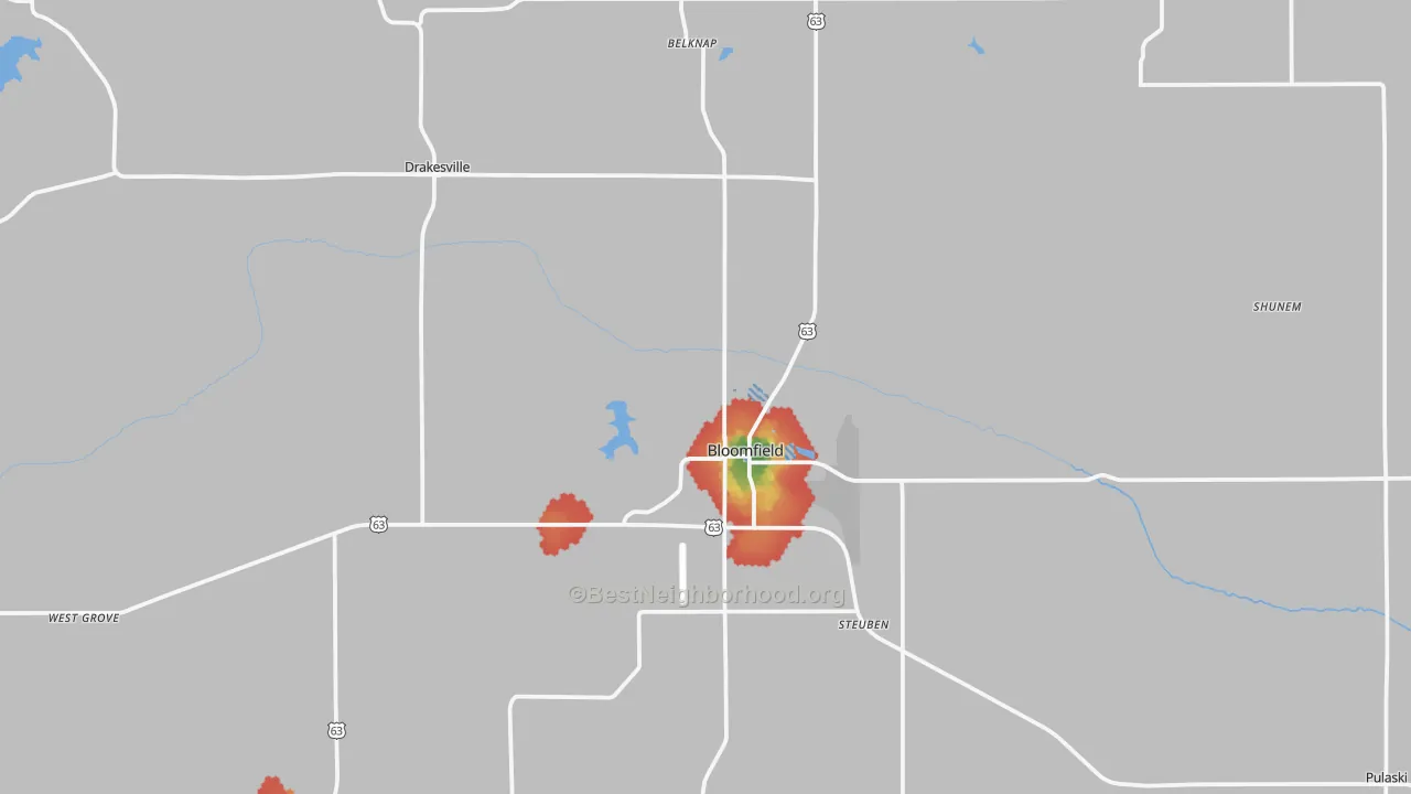 Walk Grade map of 52537, IA, walkable areas in green and car-dependent areas in red