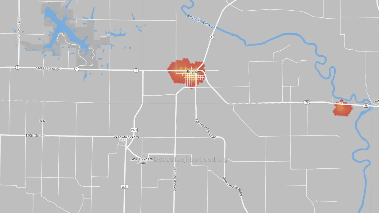 Walk Grade map of 52540, IA, walkable areas in green and car-dependent areas in red