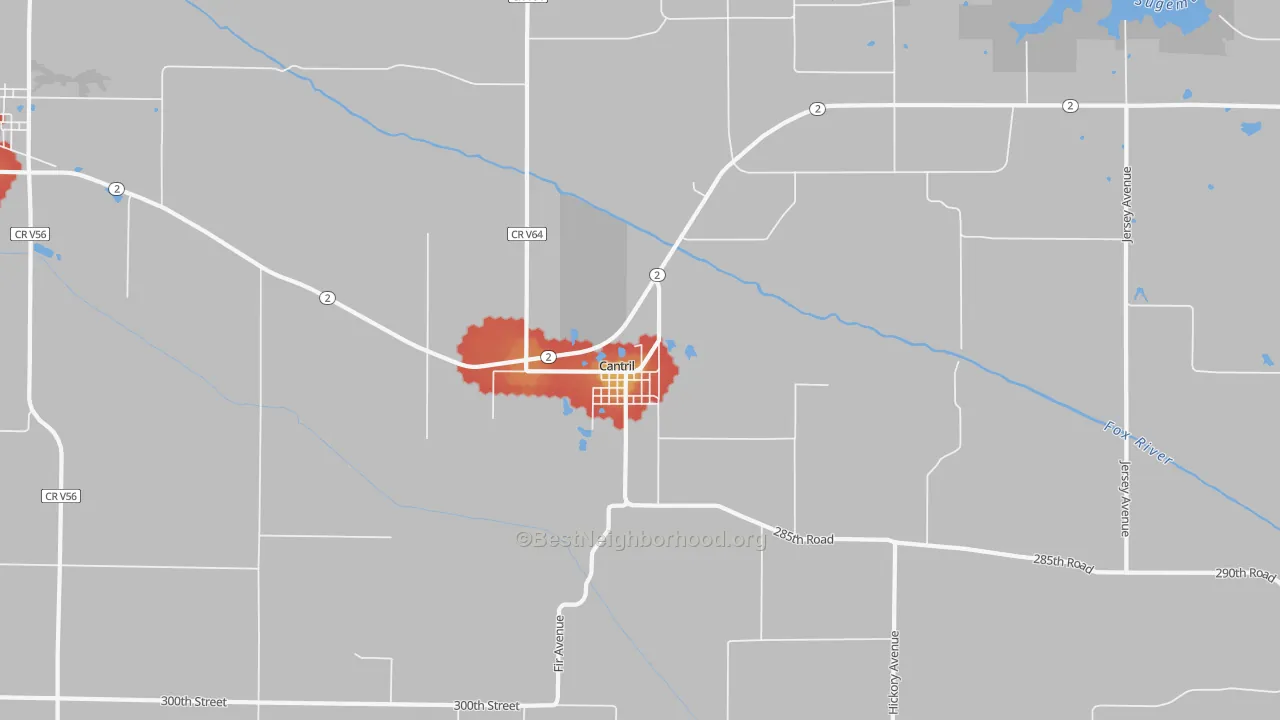 Walk Grade map of 52542, IA, walkable areas in green and car-dependent areas in red