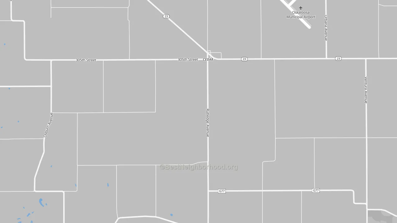 Walk Grade map of 52543, IA, walkable areas in green and car-dependent areas in red
