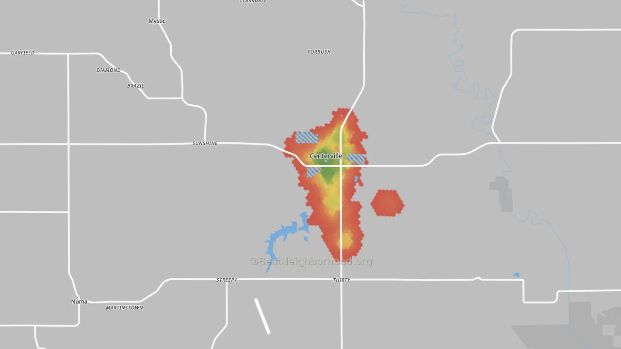 Walk Grade map of 52544, IA, walkable areas in green and car-dependent areas in red