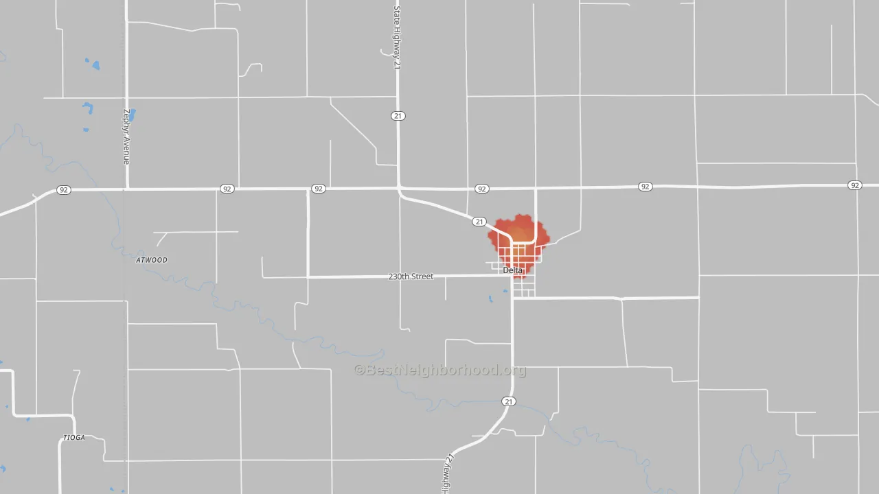 Walk Grade map of 52550, IA, walkable areas in green and car-dependent areas in red