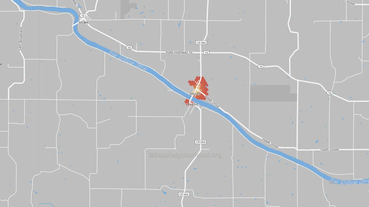 Walk Grade map of 52551, IA, walkable areas in green and car-dependent areas in red