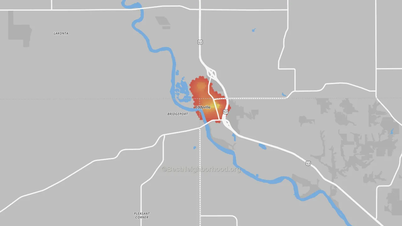 Walk Grade map of 52553, IA, walkable areas in green and car-dependent areas in red