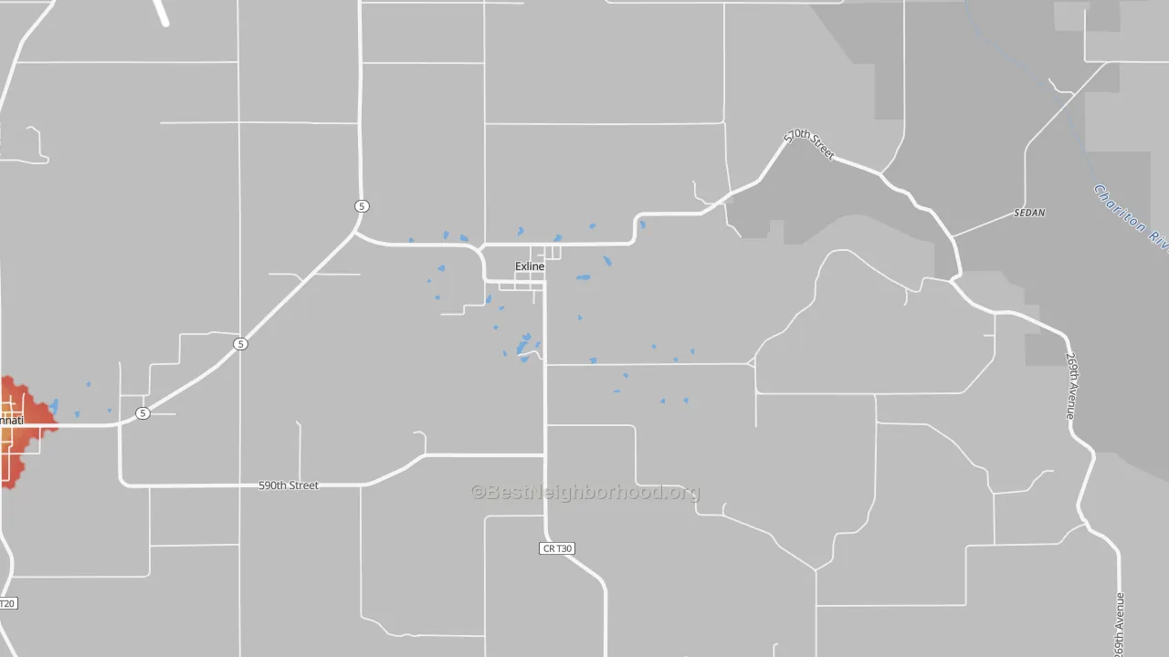 Walk Grade map of 52555, IA, walkable areas in green and car-dependent areas in red