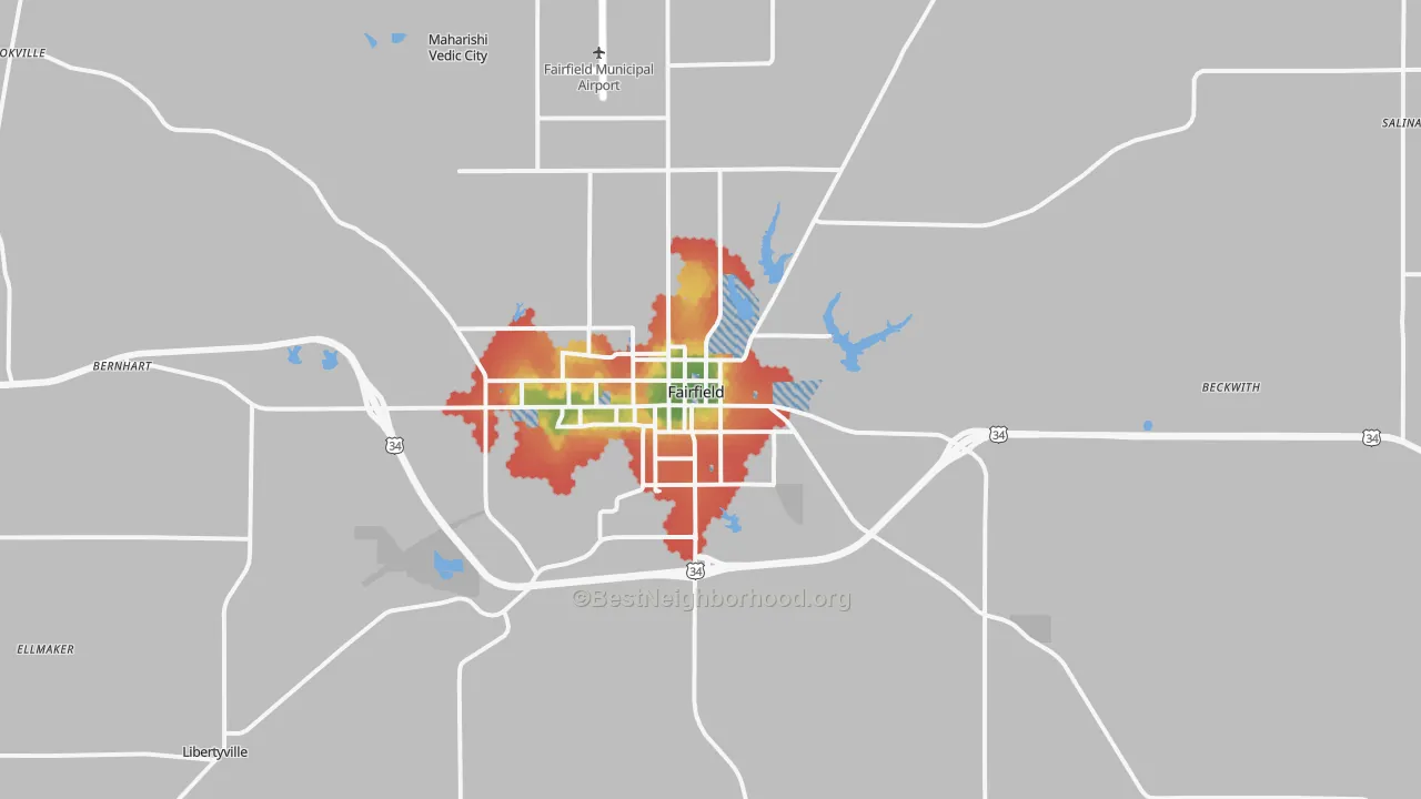 Walk Grade map of 52556, IA, walkable areas in green and car-dependent areas in red