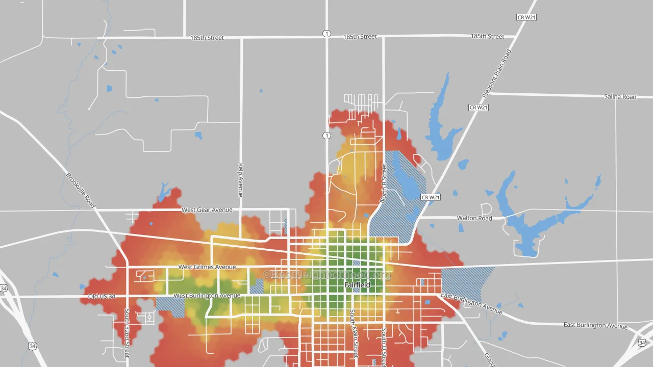 Walk Grade map of 52557, IA, walkable areas in green and car-dependent areas in red