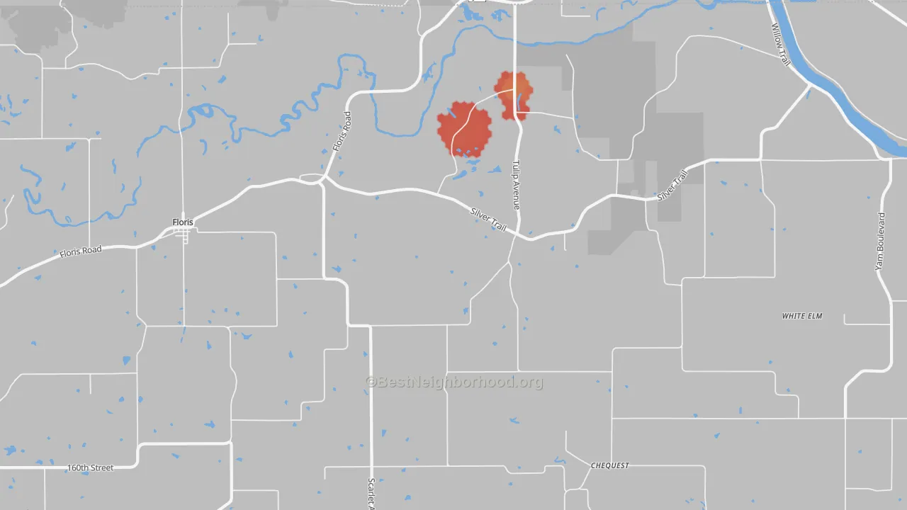 Walk Grade map of 52560, IA, walkable areas in green and car-dependent areas in red