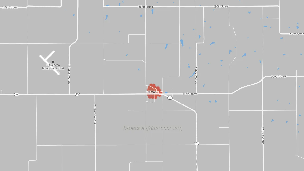 Walk Grade map of 52561, IA, walkable areas in green and car-dependent areas in red
