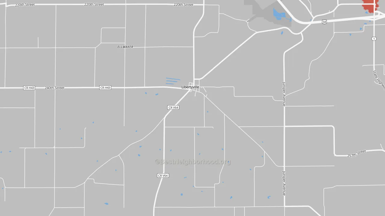 Walk Grade map of 52567, IA, walkable areas in green and car-dependent areas in red