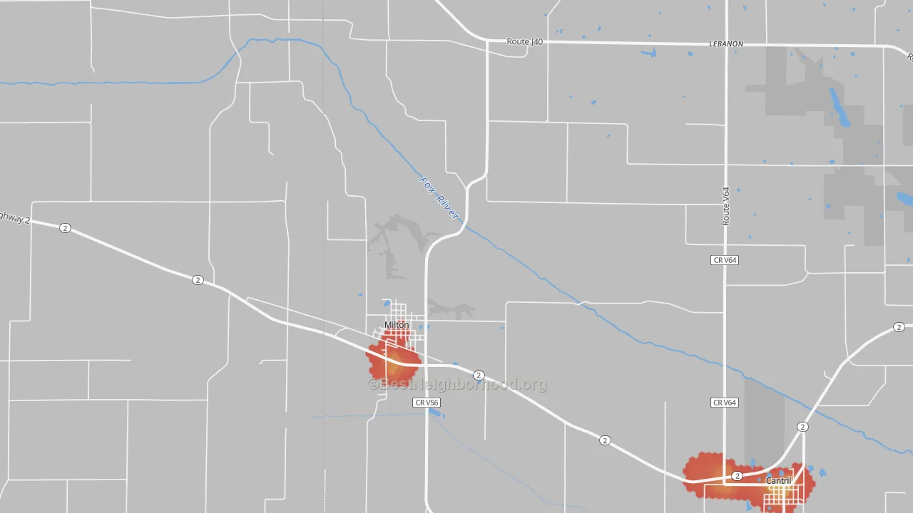Walk Grade map of 52570, IA, walkable areas in green and car-dependent areas in red