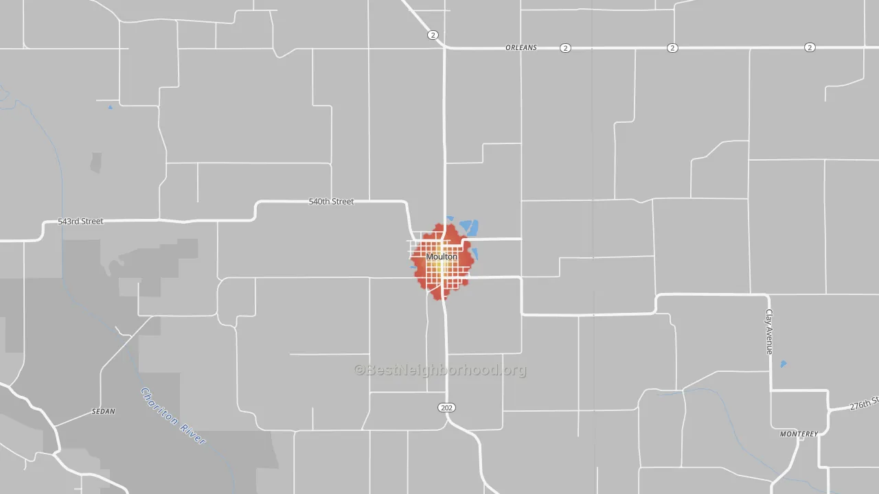 Walk Grade map of 52572, IA, walkable areas in green and car-dependent areas in red