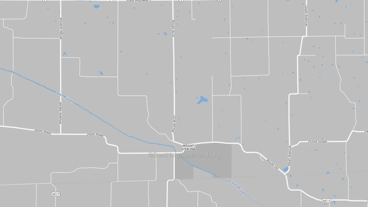Walk Grade map of 52573, IA, walkable areas in green and car-dependent areas in red
