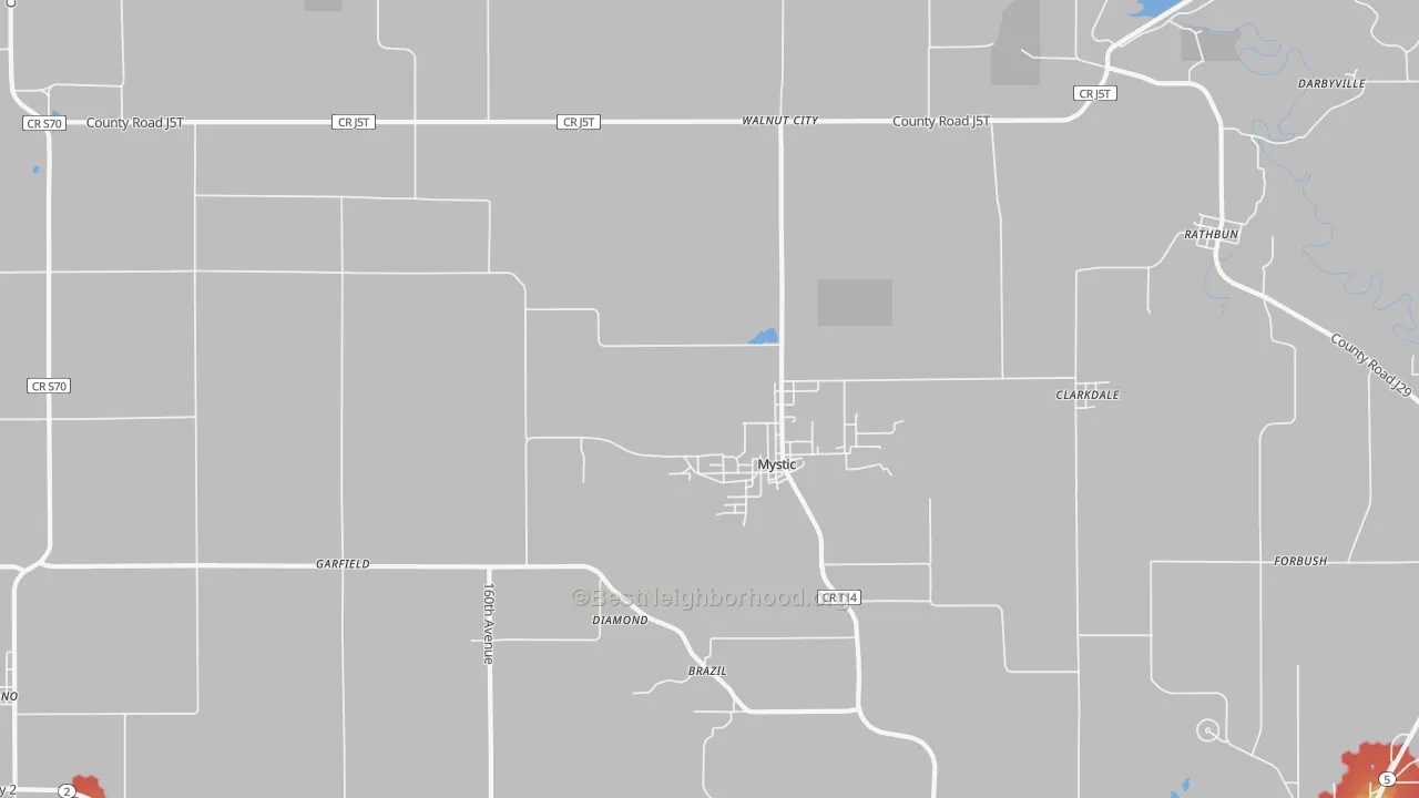 Walk Grade map of 52574, IA, walkable areas in green and car-dependent areas in red