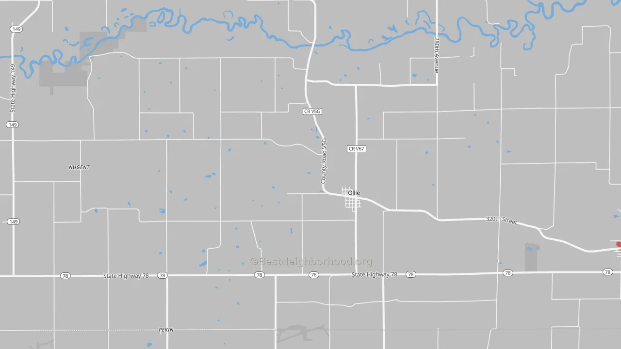 Walk Grade map of 52576, IA, walkable areas in green and car-dependent areas in red