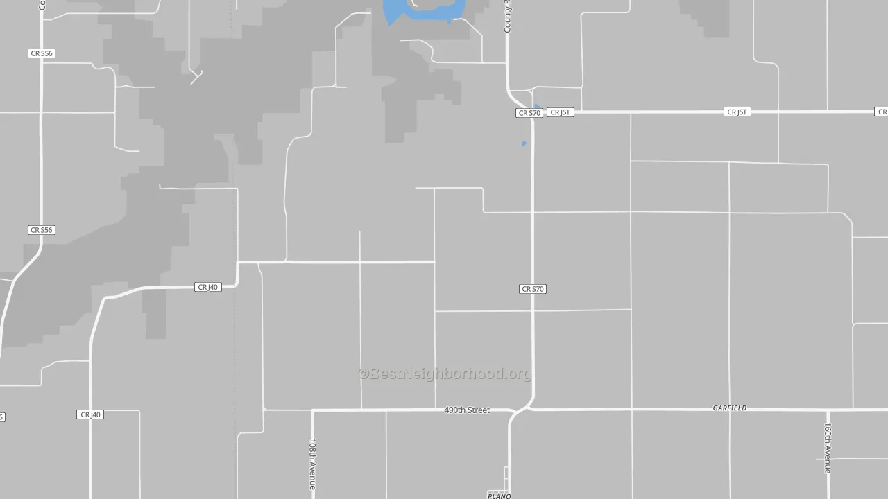 Walk Grade map of 52581, IA, walkable areas in green and car-dependent areas in red