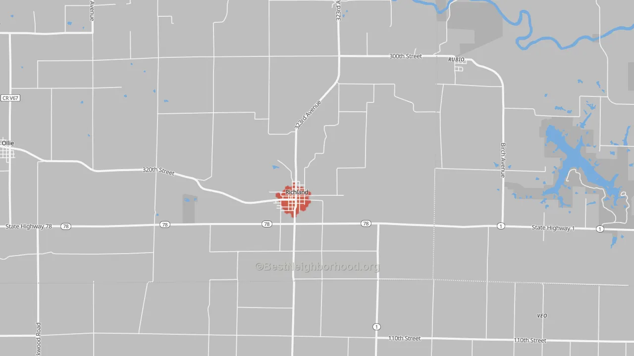 Walk Grade map of 52585, IA, walkable areas in green and car-dependent areas in red