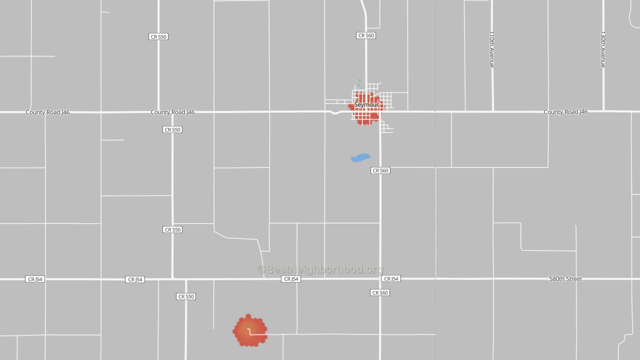 Walk Grade map of 52590, IA, walkable areas in green and car-dependent areas in red