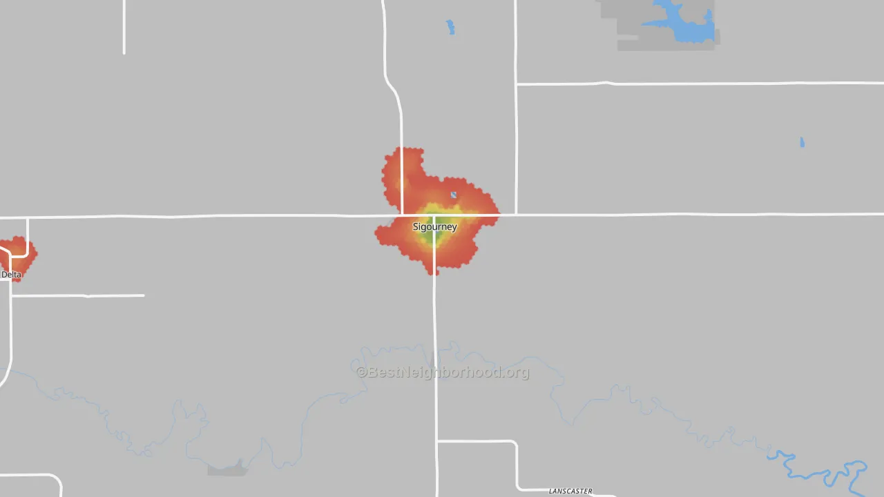 Walk Grade map of 52591, IA, walkable areas in green and car-dependent areas in red