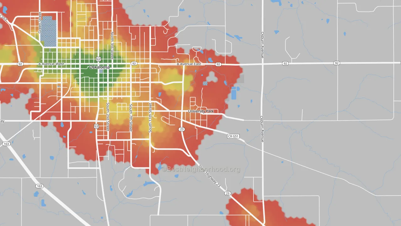 Walk Grade map of 52595, IA, walkable areas in green and car-dependent areas in red