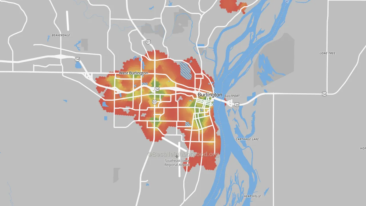 Walk Grade map of 52601, IA, walkable areas in green and car-dependent areas in red