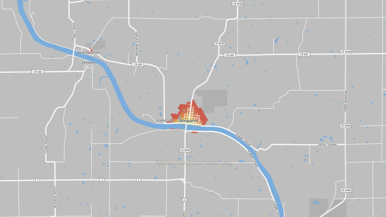 Walk Grade map of 52620, IA, walkable areas in green and car-dependent areas in red