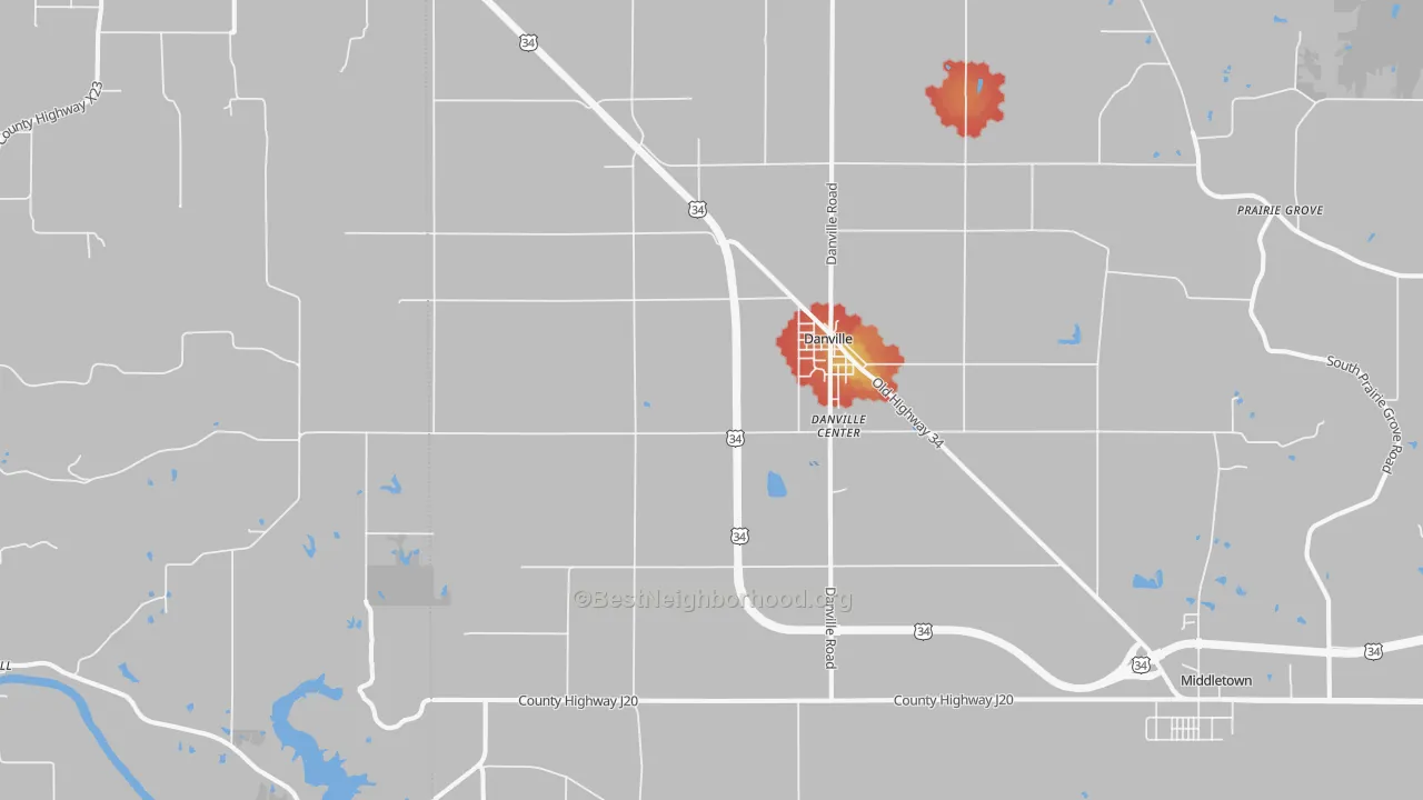 Walk Grade map of 52623, IA, walkable areas in green and car-dependent areas in red