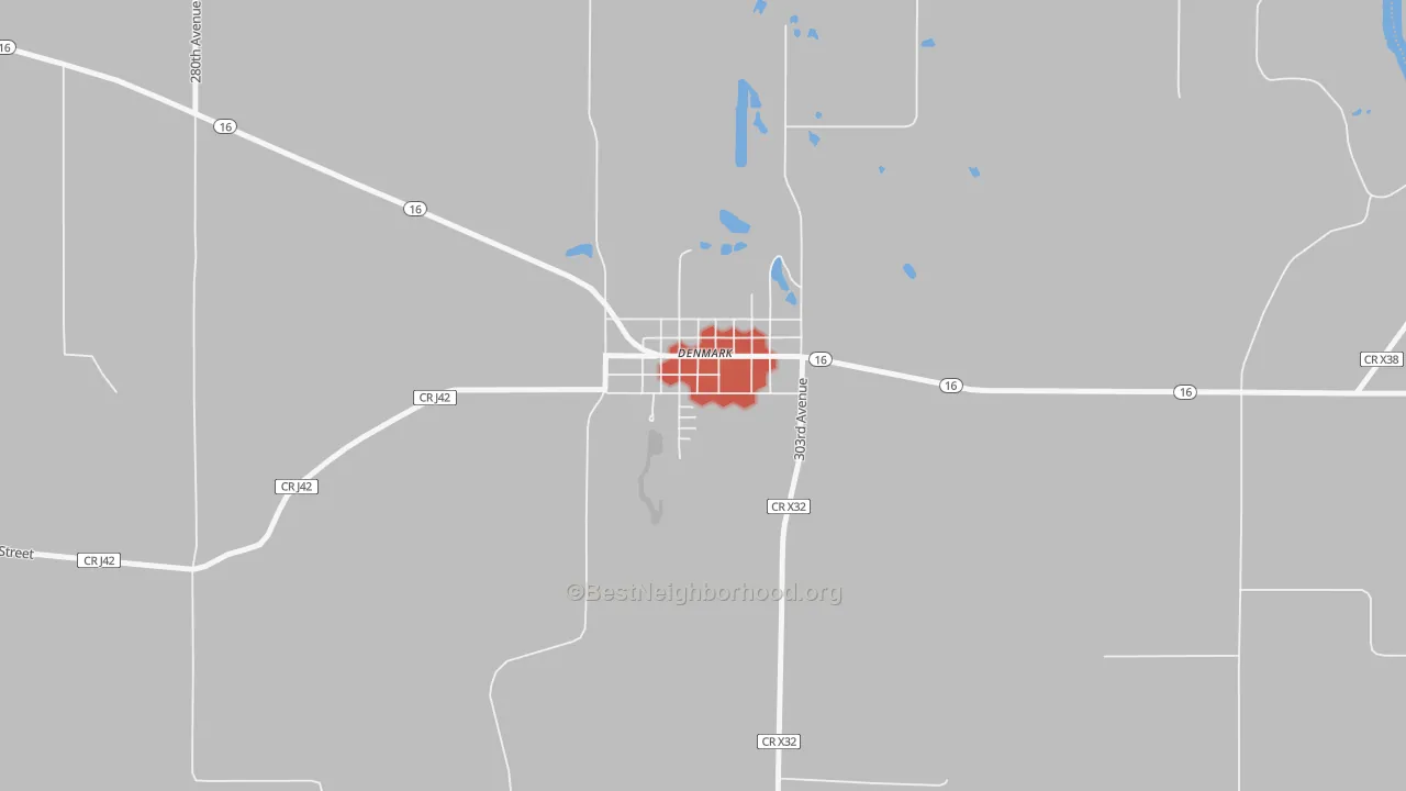 Walk Grade map of 52624, IA, walkable areas in green and car-dependent areas in red