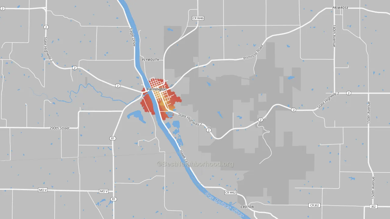 Walk Grade map of 52626, IA, walkable areas in green and car-dependent areas in red