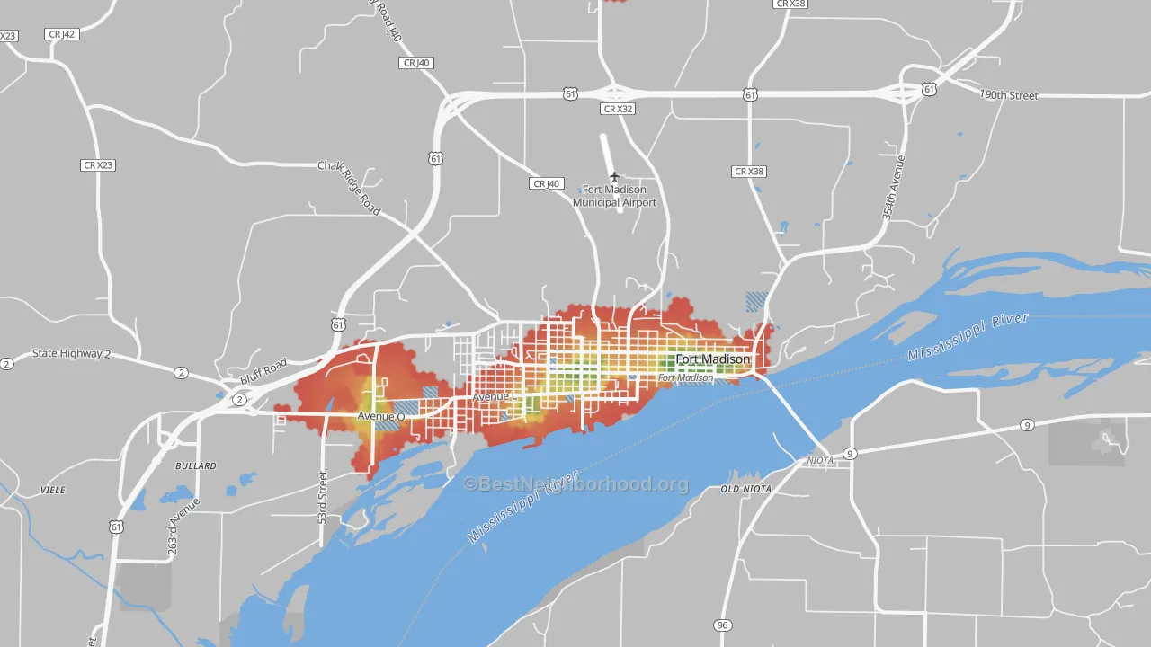 Walk Grade map of 52627, IA, walkable areas in green and car-dependent areas in red