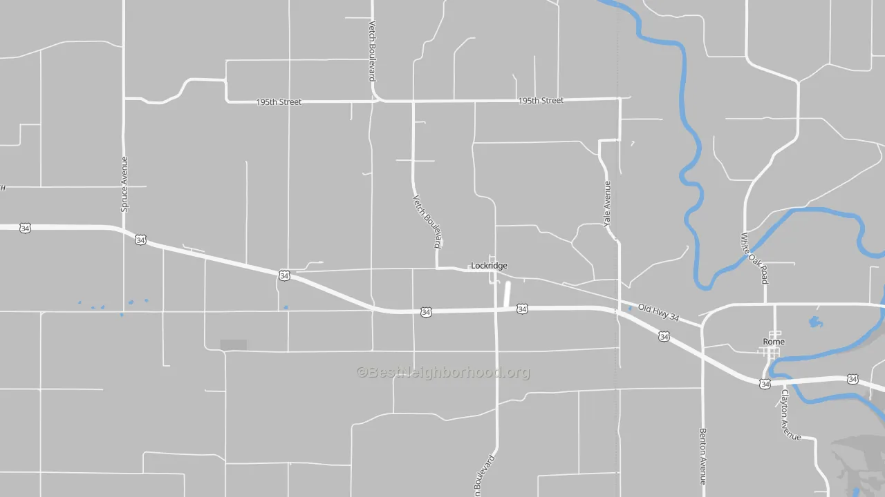 Walk Grade map of 52635, IA, walkable areas in green and car-dependent areas in red
