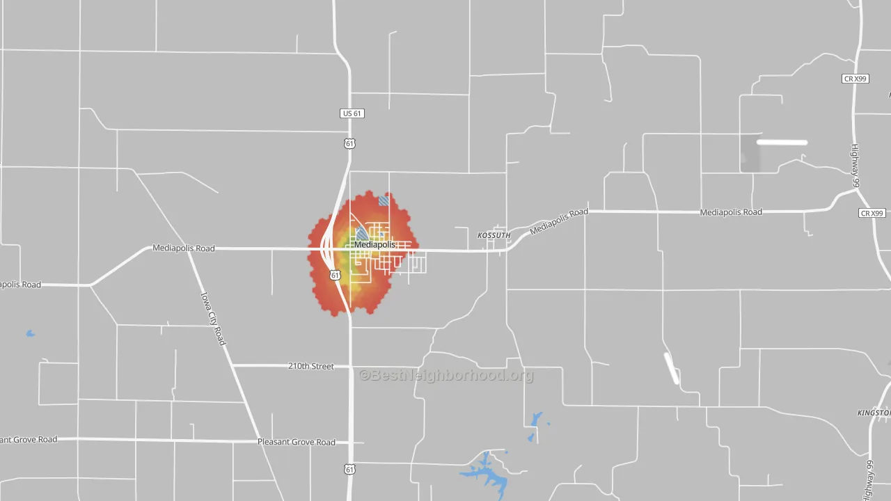 Walk Grade map of 52637, IA, walkable areas in green and car-dependent areas in red