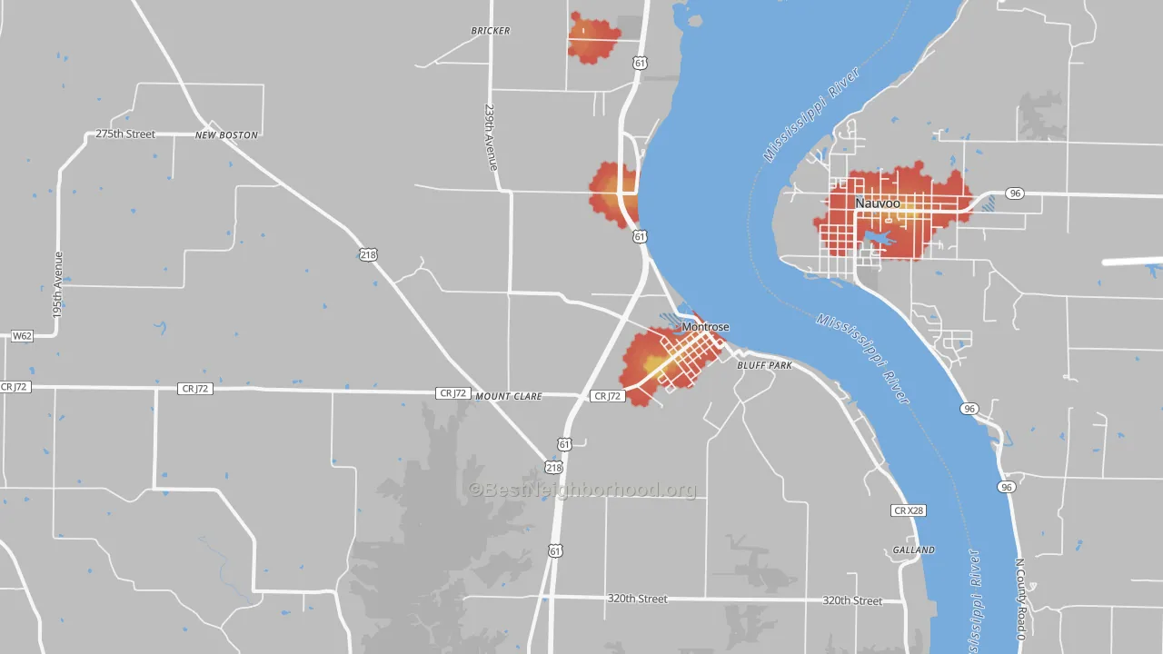 Walk Grade map of 52639, IA, walkable areas in green and car-dependent areas in red