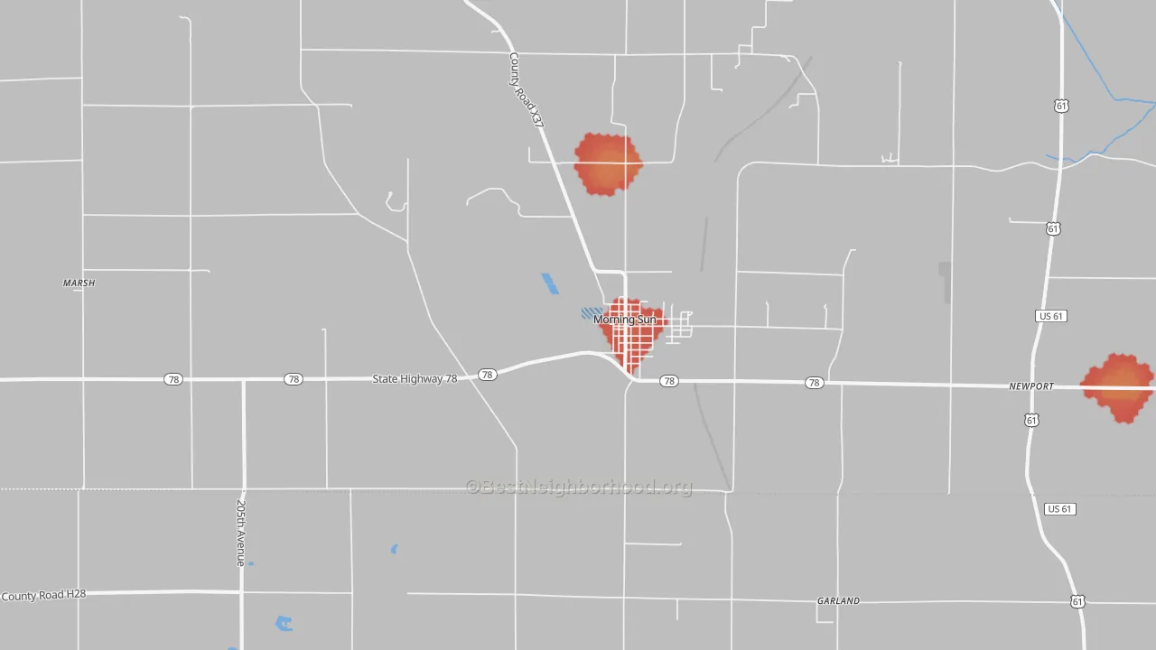 Walk Grade map of 52640, IA, walkable areas in green and car-dependent areas in red