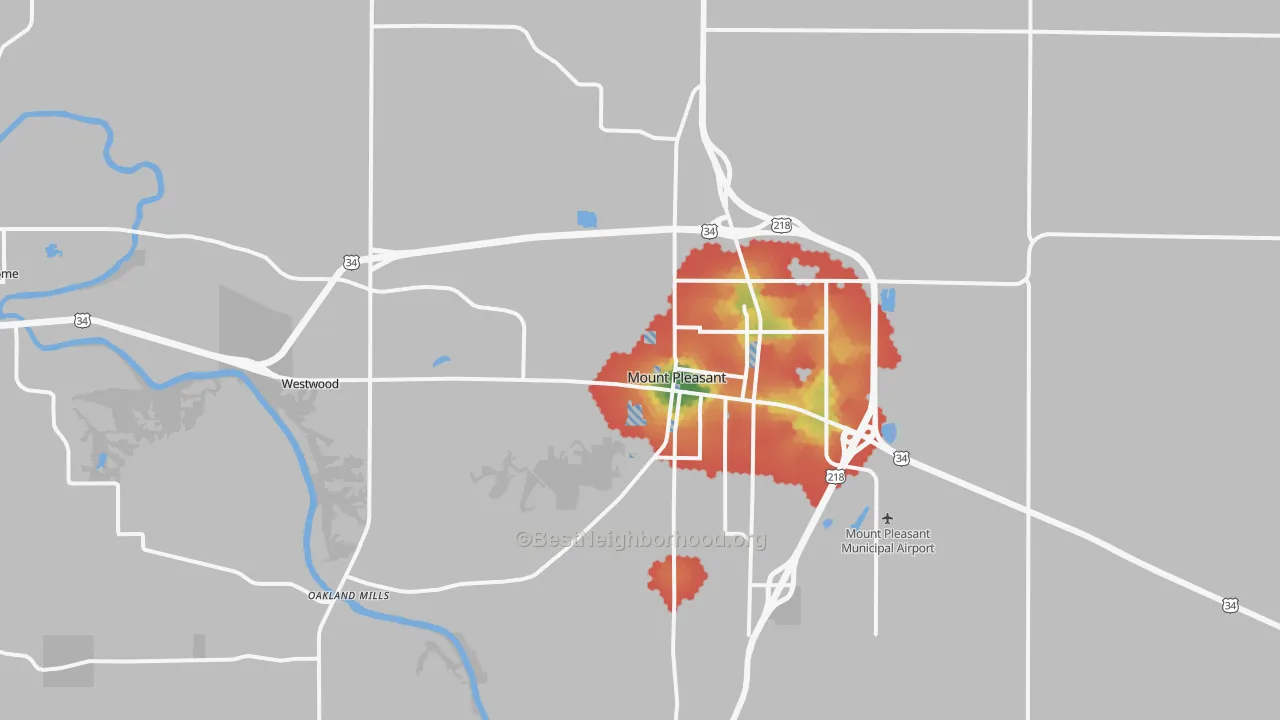Walk Grade map of 52641, IA, walkable areas in green and car-dependent areas in red